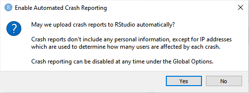 Solicitud de envío automático de informes de fallos de RStudio